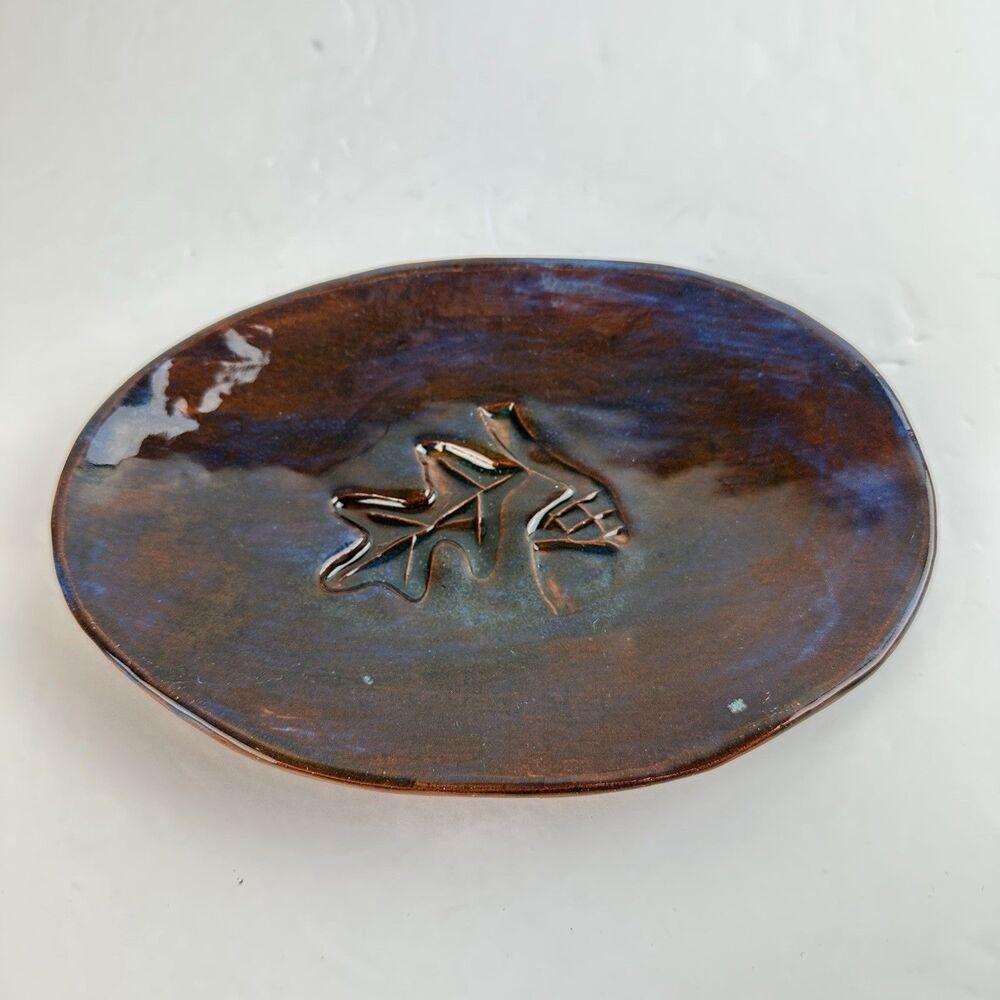 R. Wood Studio Art Pottery Oak Leaf Acorn Brown Glazed Oval Plate 8.5x5.75 2001